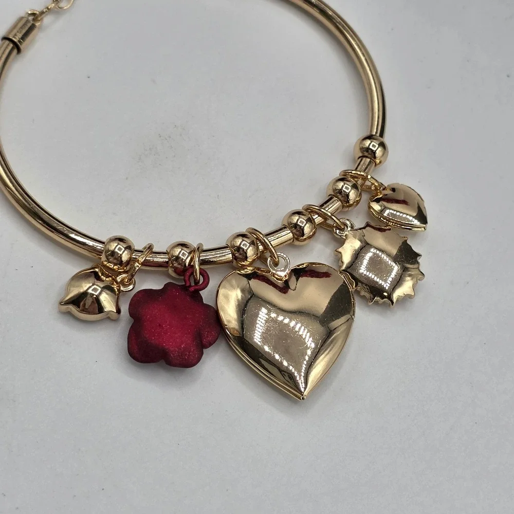 Guess Gold Tone Heart Locket Rose Charm Bangle Bracelet Adjustable Logo Tag